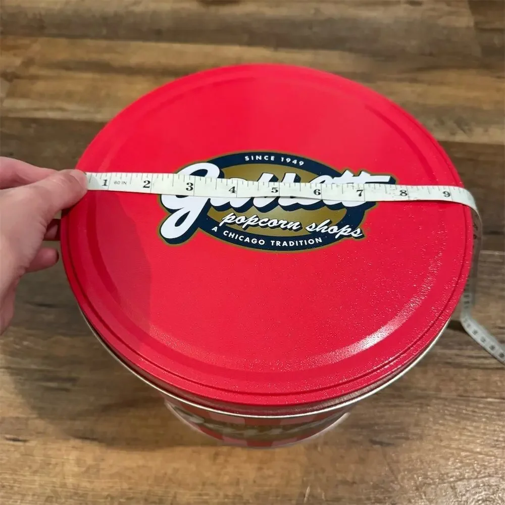 Garrett Popcorn Shops EMPTY Canister w/ Lid Pink & Red Striped 9 in Round Tin